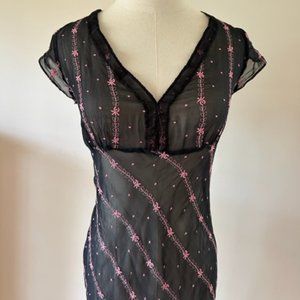 Vintage Silk & Embroidered Pink Flowers Betsey Johnson Dress